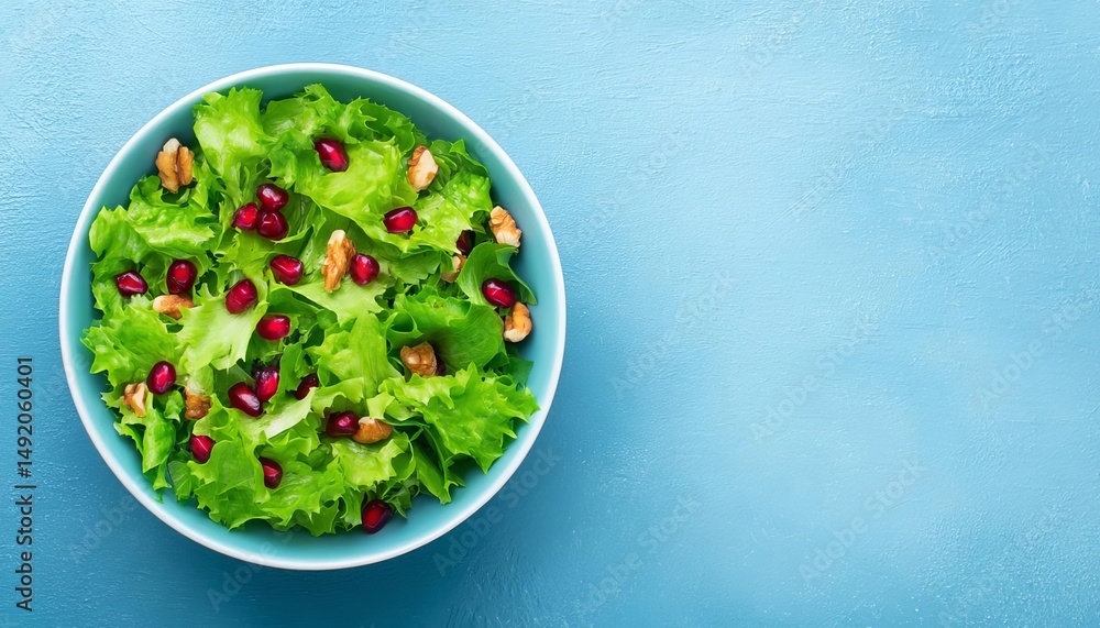 Fresh green salad with pomegranate seeds and nuts in a bowl on a vibrant background. Fresh green salad with pomegranate seeds and nuts in a bowl on a vibrant background.