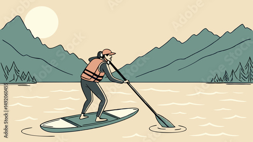 Flat Design Illustration: Woman Paddleboarding on a Sunny Lake with Mountains