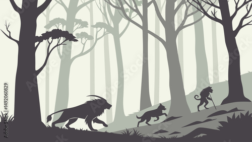 Grayscale Silhouettes Lion Hyena Monkey Running in Misty Forest Art