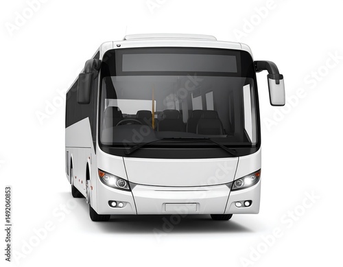 White Passenger Bus Front View Isolated Against White Background