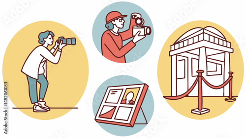 Simple Flat Illustration: People with cameras, photo display, and museum exhibit