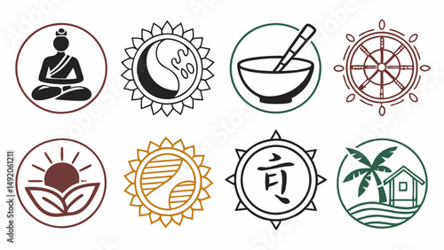 Simple Line Art Circle Icons Set Holistic Spirituality Nature Wellness Travel Culture Symbols