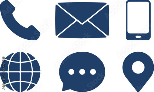 Contact Icons: A suite of sleek, minimalistic contact icons in a unified color palette, including a telephone, an envelope, a mobile phone, a globe, a speech bubble, and a map marker.