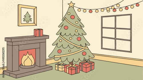Simple Cartoon Illustration Cozy Christmas Living Room Scene with Decorated Tree Fireplace Presents Garland Lights and Window