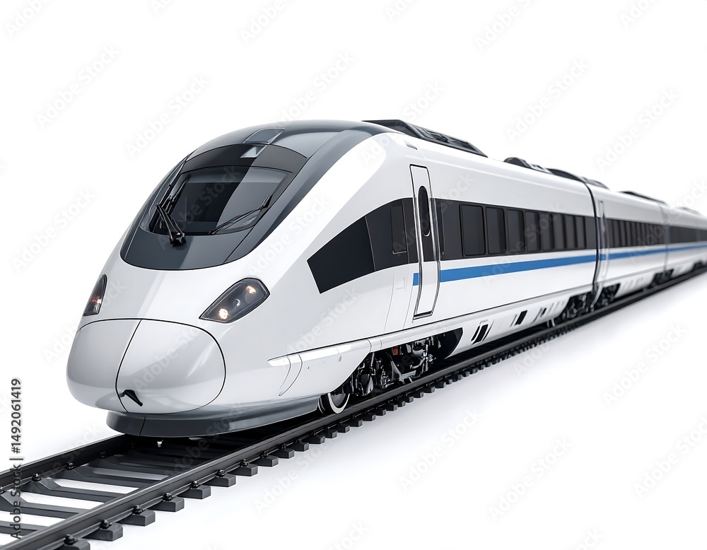 Naklejka premium High Speed White Train on Tracks Isolated Against White Background