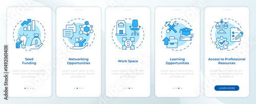 Business incubators advantages blue onboarding mobile app screen. Walkthrough 5 steps editable graphic instructions with linear concepts. UI, UX, GUI. Montserrat SemiBold, Regular fonts used