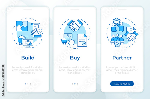 Decision making tools blue onboarding mobile app screen. Walkthrough 3 steps editable graphic instructions with linear concepts. UI, UX, GUI. Montserrat SemiBold, Regular fonts used