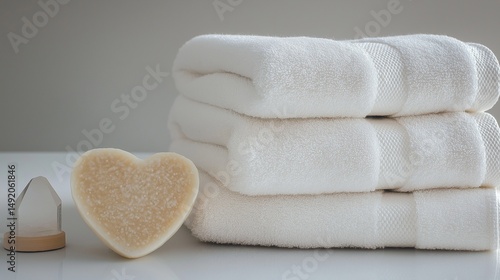 A serene spa arrangement featuring two plush towels stacked beside a delicate heart-shaped soap and a quartz massager on a clean, minimalist background. 