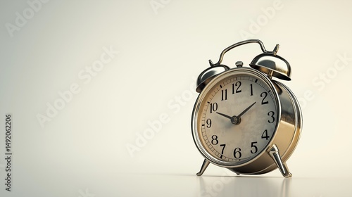 A vintage-style alarm clock with a polished metal body and twin bells, positioned on a pure white background.