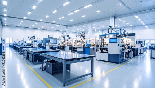 Factory Assembly Line with Machines and Tables