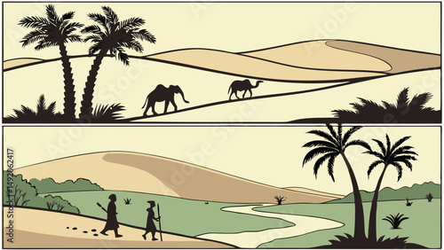 Desert Landscape Illustration: Sand Dunes, Palm Trees, Animals, People, Oasis River