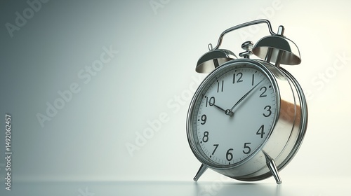 A vintage-style alarm clock with a polished metal body and twin bells, positioned on a pure white background. 
