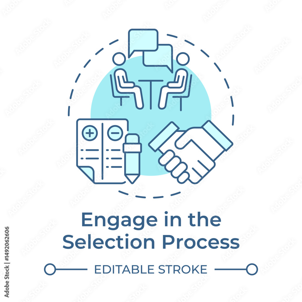 Engage in the selection process soft blue concept icon. Recruitment, interview. Agreement, negotiation. Round shape line illustration. Abstract idea. Graphic design. Easy to use in infographic Engage in the selection process soft blue concept icon. Recruitment, interview. Agreement, negotiation. Round shape line illustration. Abstract idea. Graphic design. Easy to use in infographic