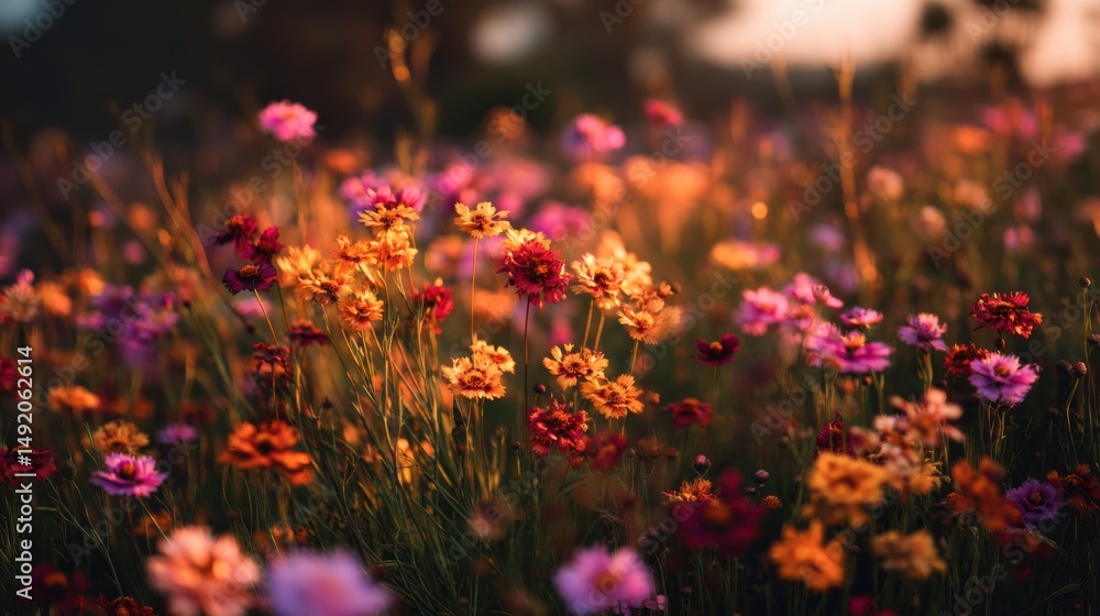 Obraz premium Field of Colorful Cosmos Flowers at Sunset, Representing Natural Beauty and Environmental Awareness for a Sustainable Future : Generative AI