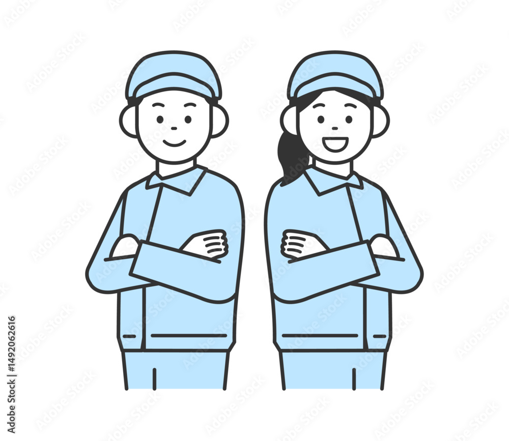 Fototapeta premium 腕組みをする作業服の若い男女のイラスト ベクター 