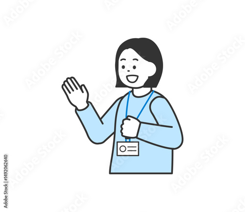片手をあげ挨拶をする女性のイラスト　ベクター
