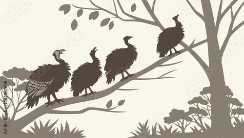Four Wild Turkeys Silhouetted on a Tree Branch Monochrome Nature Illustration