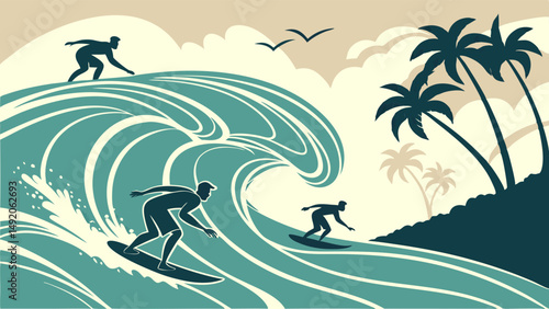 Vintage Style Surfing Illustration Surfers Riding Big Waves on a Tropical Beach with Palm Trees