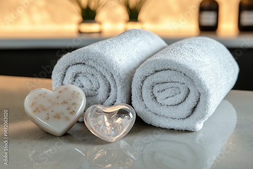 Two neatly rolled towels placed on a smooth spa surface, accompanied by a heart-shaped soap and a polished quartz massager. 