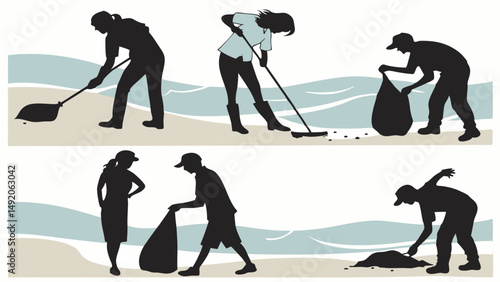 Silhouette Illustration People Cleaning Beach Sweeping and Bagging Trash