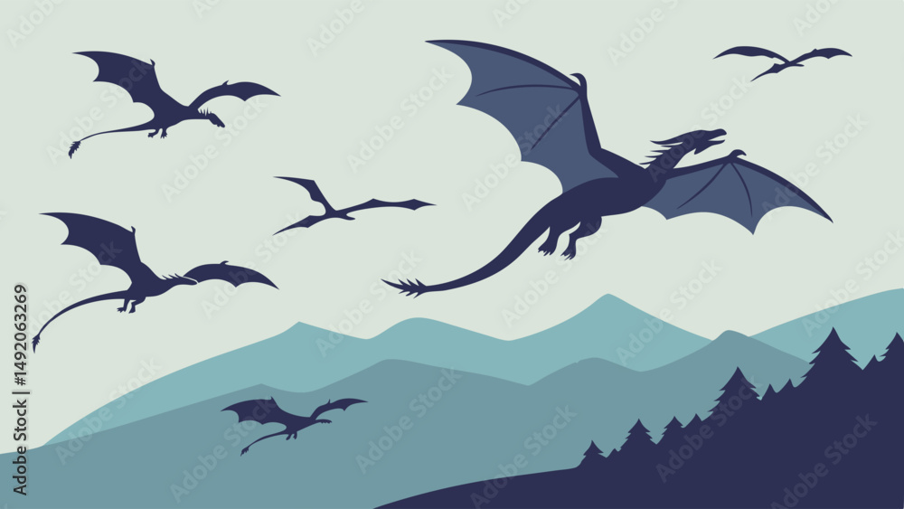 Naklejka premium Mythical Creatures Flying Dragons Fantasy Illustration Over Mountains and Forest