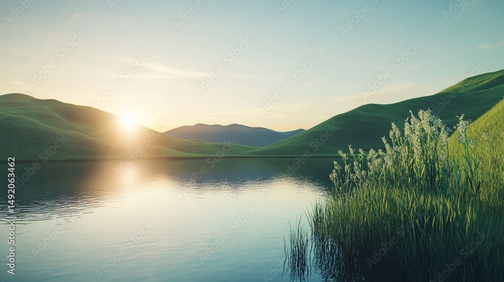 Fototapeta premium Tranquil morning landscape featuring rolling hills and reflective lake