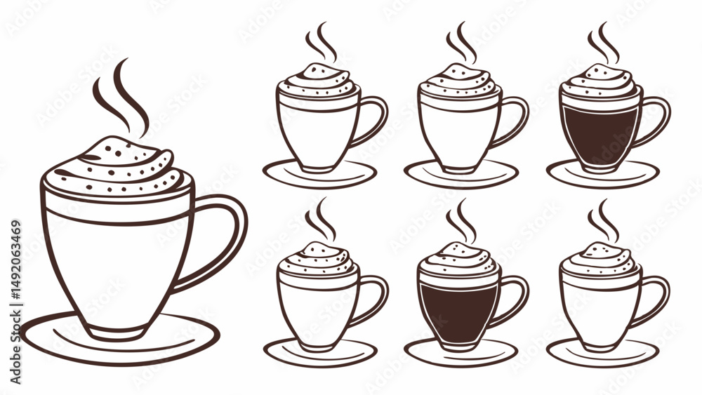 Vector Line Art Collection of Coffee Cups with Steam Whipped Cream and Saucers Vector Line Art Collection of Coffee Cups with Steam Whipped Cream and Saucers