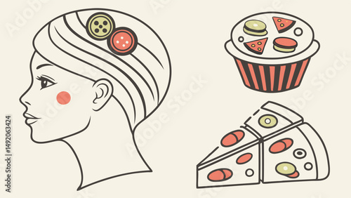 Surreal Conceptual Illustration Woman Head with Buttons Food Art Cupcake Pizza Slices