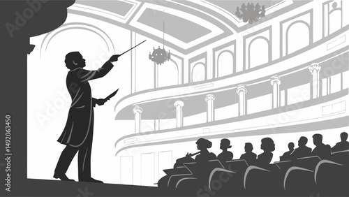 Silhouette Illustration of Conductor Directing Classical Music Performance in Grand Concert Hall with Audience