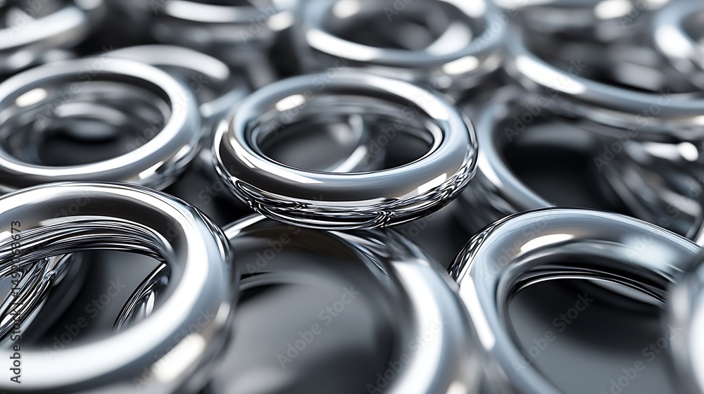3D render of numerous overlapping, polished silver rings creating a complex, abstract pattern. 3D render of numerous overlapping, polished silver rings creating a complex, abstract pattern.