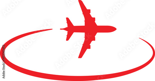 Airplane Travel Icon: A stylized red icon featuring a passenger airplane within a red circular motion path, symbolizing travel and aviation.