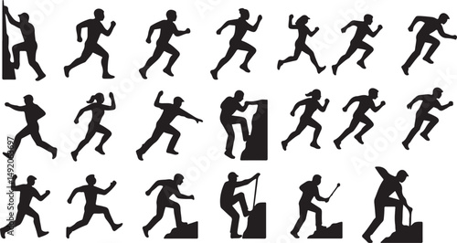 Twenty dynamic black human silhouettes in running, climbing, and athletic action poses. Great for fitness, motivation, outdoor, and sports-themed design or branding content.
