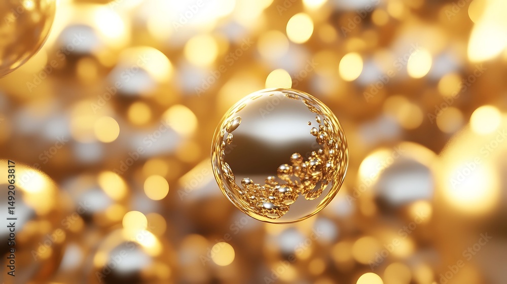 3D render of a shimmering gold sphere suspended in a bokeh-filled, warm-toned background. 3D render of a shimmering gold sphere suspended in a bokeh-filled, warm-toned background.