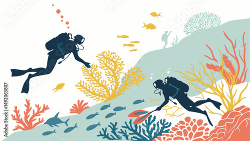 Underwater Scuba Diving Illustration Two Divers Exploring Coral Reef and Marine Life