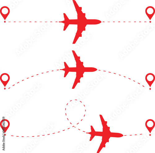 Aviation Journey: Streamlined red airplanes embark on a journey, their routes marked by dotted lines, and their destinations indicated by pinpoint markers.