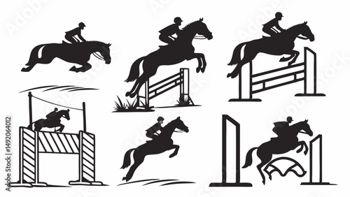 Black and White Equestrian Horse Jumping Silhouettes Vector Set Riders and Horses Leaping Over Show Jumping Fences