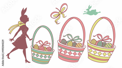 Easter Bunny Silhouette and Three Baskets Filled with Colorful Decorated Eggs Festive Holiday Illustration