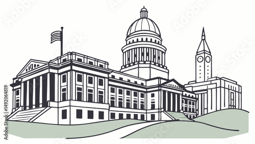 Detailed Black and White Line Art Illustration of a State Capitol Building With Dome Tower and Path on a Hill
