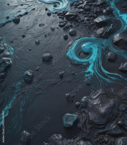 Swirling indigo and cyan lava stone, abstract ocean texture , background, water
