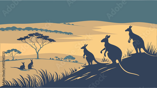 Australian Kangaroos in Stylized Outback Landscape Vector Art Illustration