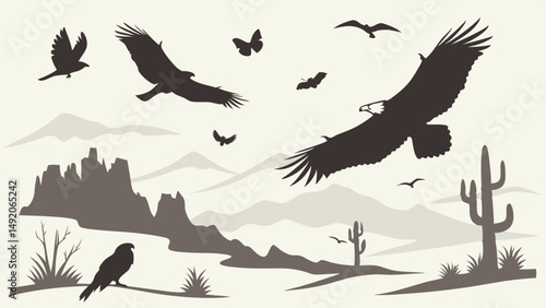 Flying Eagles and Birds Silhouette Art in Desert Landscape with Mountains and Cacti