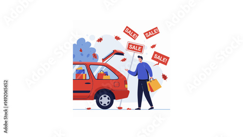 Man loading purchases into car during Black Friday sale