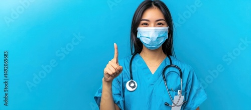 An Asian female doctor wearing a mask shows number one with her finger