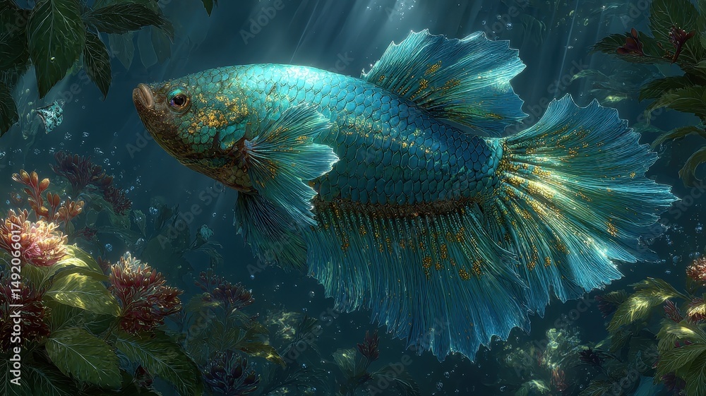 Naklejka premium Betta Fish Swimming Gracefully Through Light Streaks in Lush Underwater Environment