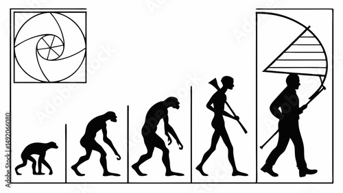 Black White Silhouette Art Human Evolution Ape to Man Rifle Geometry Diagrams