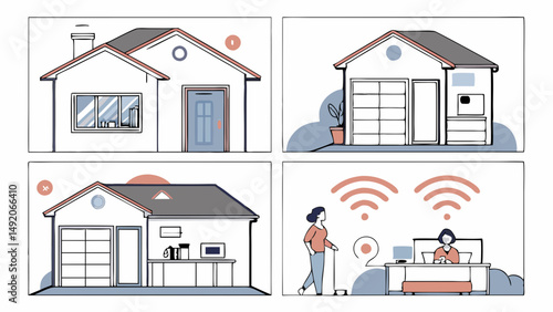 Modern Flat Design Illustration Smart Home Technology Connected House Garage WiFi Automation Devices People