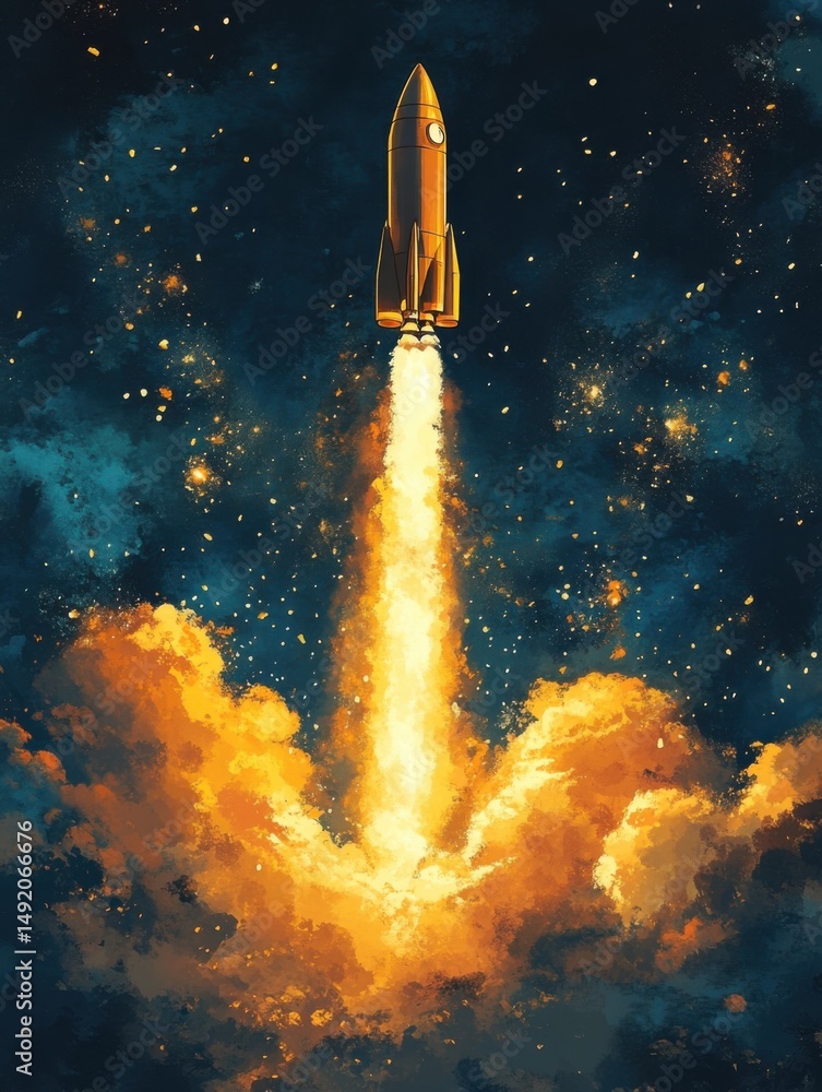 Fototapeta premium Rocket Launching into Space Illustration with Fiery Clouds and Starry Sky Digital Art Vertical View