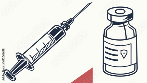 Line Art Illustration of Medical Syringe and Vaccine Vial for Health and Vaccination
