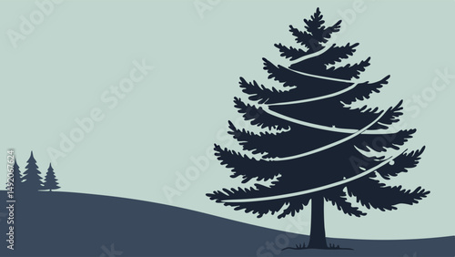 Minimalist Two Tone Winter Landscape Art Large Decorated Evergreen Tree Silhouette