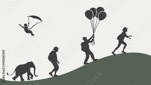 Uphill journey silhouette illustration diverse travelers elephant balloons parachute graphic art progress concept